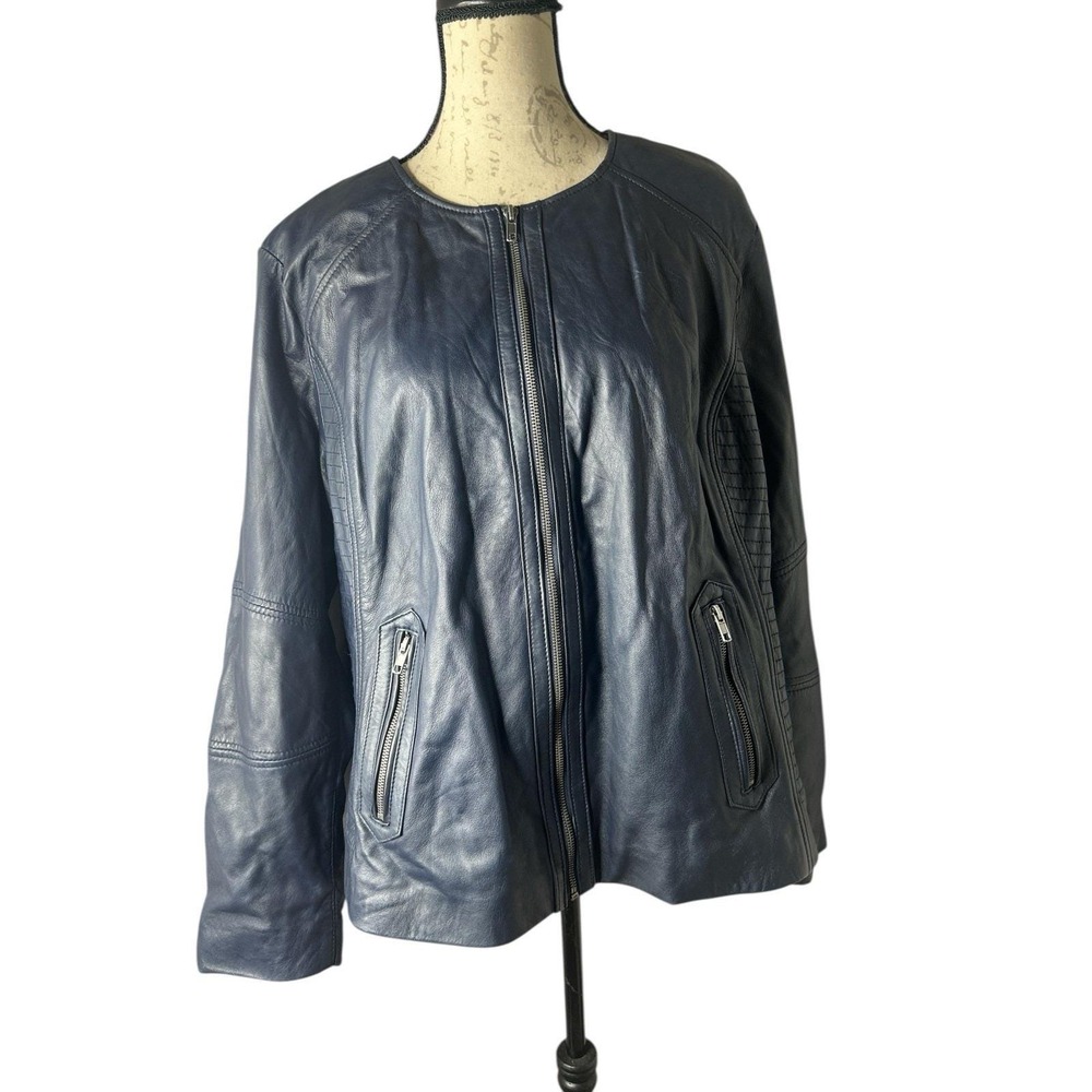 Black Rivet Womens Size 2x‎ Blue Leather Moto Jacket Collarless Zip Closure